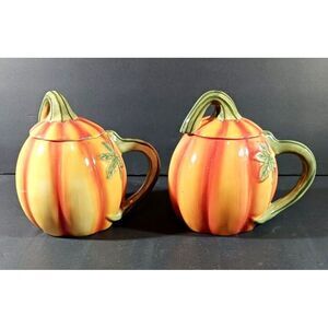 Set of 2 MESA PUMPKIN STONEWARE MUGS w/ Lid Coffee Cup Thanksgiving Fall Autumn